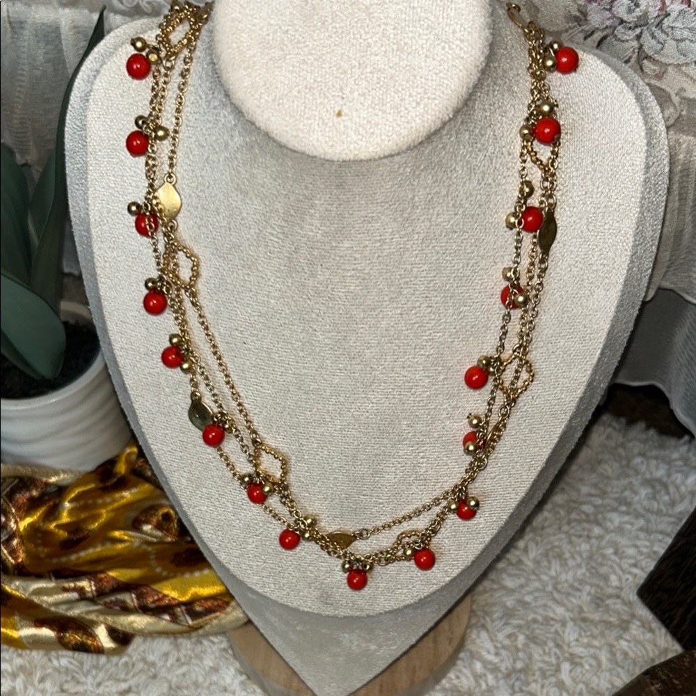 Gold and Coral Red Beaded Necklace